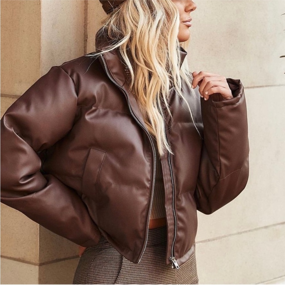 12th Tribe x The salty blonde Electra Mocha Vegan Leather Puffer Jacket size S